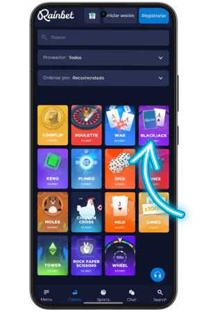 Sección de juegos propios del casino
