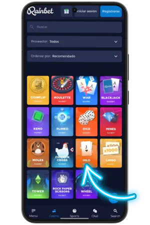 Sección de juegos propios del casino